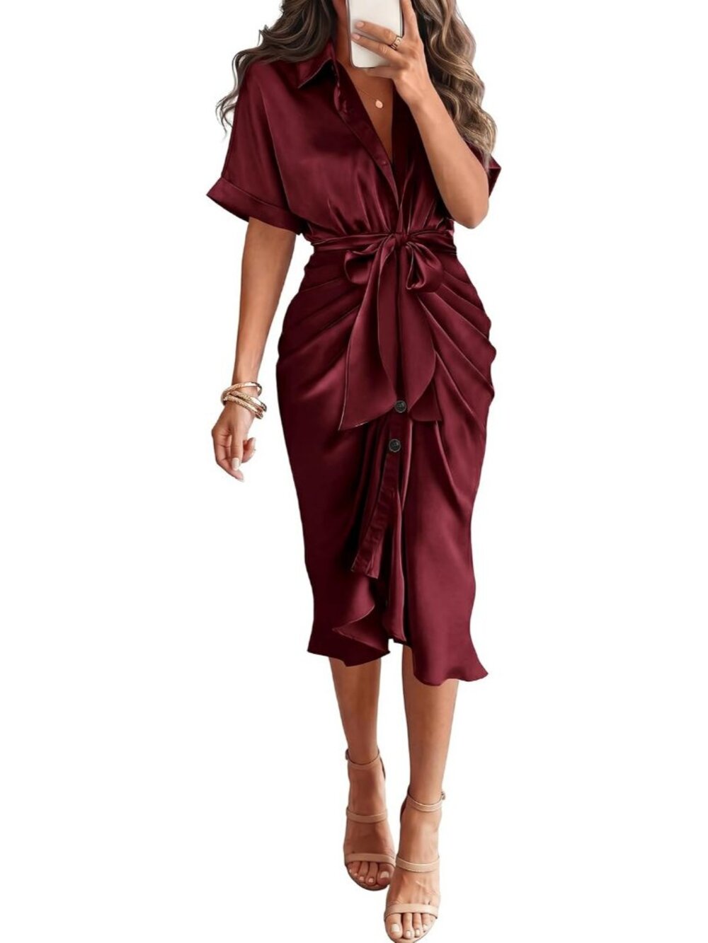 Women's Wine Red Short Sleeve Button Down Tie Waist Silk Satin Guest Maxi Dress